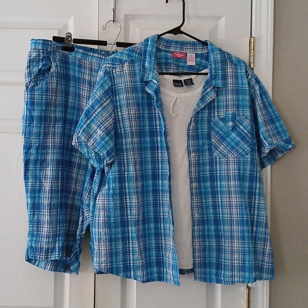 Cappagallo shirt and short set blue white plaid  with white tank Top Sz 20W 2X